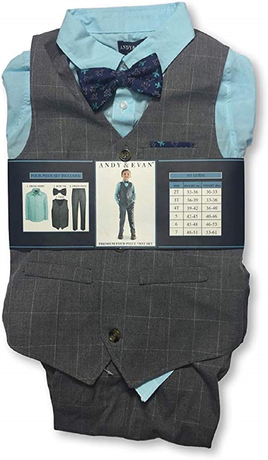 Amazon Com Andy Evan Boys Formal 4 Piece Suit With Vest Tie Shirt And Pants Grey Blue 5t Clothing