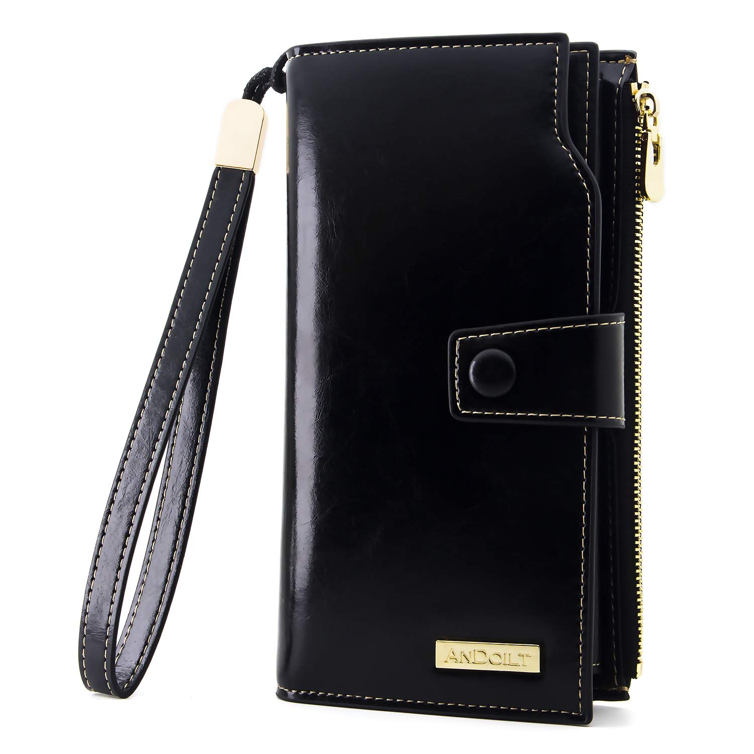 ANDOILT Ladies Purse Wallets for Women RFID Blocking Large Capacity Luxury Wax Genuine Leather Clutch Wallet Card Holder Black