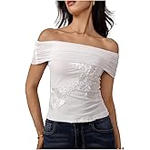 SweatyRocks Women's Off The Shoulder Mesh Blouse Floral Applique Short Sleeve Crop Tops