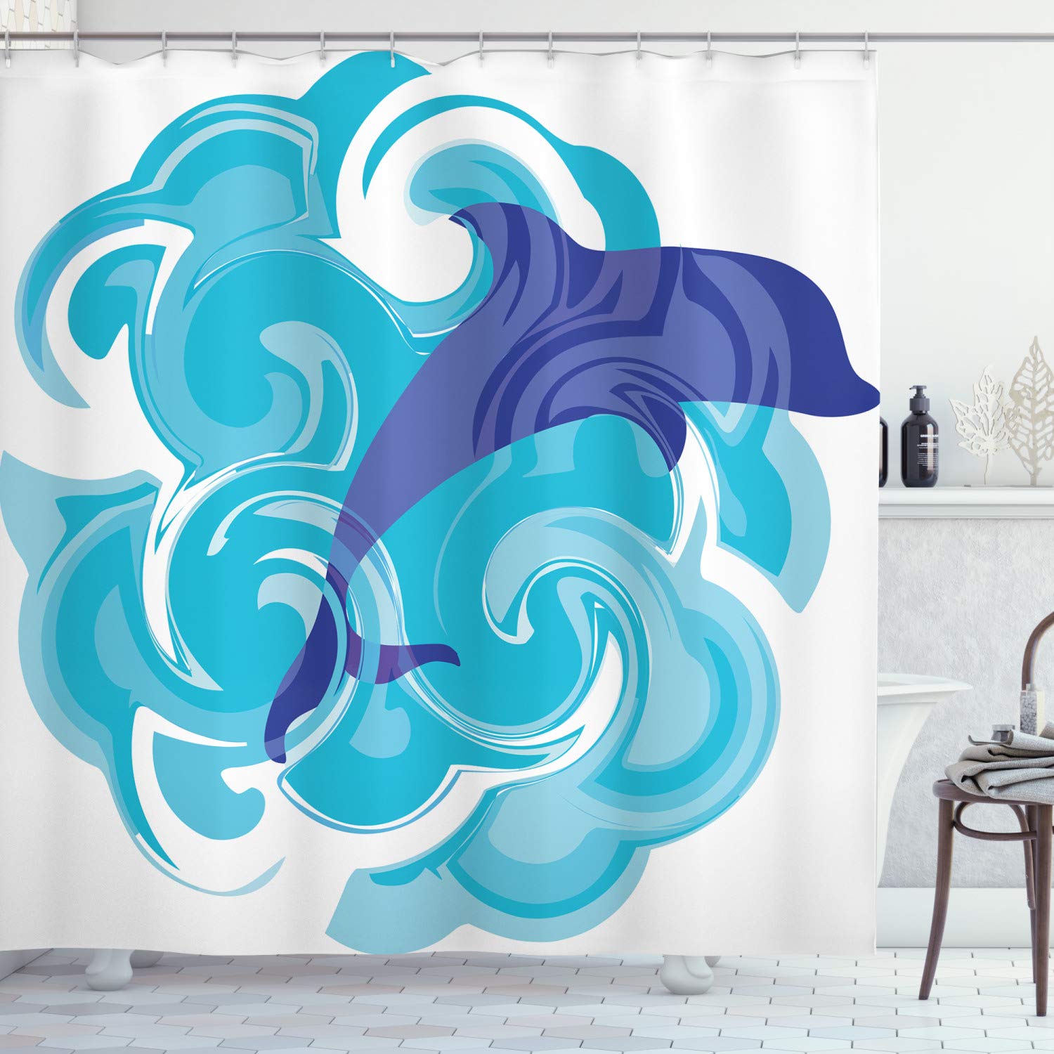 ABAKUHAUS Dolphin Shower Curtain, Abstract Representation of Waves Aqua Life Soft Color Image Nature Scenes, Cloth Fabric Bathroom Decor Set with Hooks, 78 Inches, Violet Blue Sky Blue