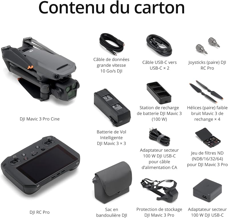 Mavic 3 Pro Cine avec DJI RC Pro (écran haute luminosité), Drone phare à trois caméras, Compatibilité Apple ProRes avec 1 To de stockage. Trois Batteries de Vol Intelligentes