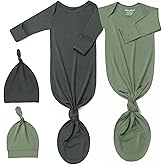 2Pk Newborn Baby Knotted Gown, Super Soft Silky Infant Long Sleeve Sleeper for Baby Sleeping with Hat Green Blue (2 Packs, Size Newborn)