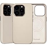 Rumwot for iPhone 15 Pro Leather Case | Genuine Full Grain Leather| Compatible with MagSafe and Wireless Charging | Metal Buttons Camera Bezel | Slim Fit-Drop and Scratch Resistant (Gray White)