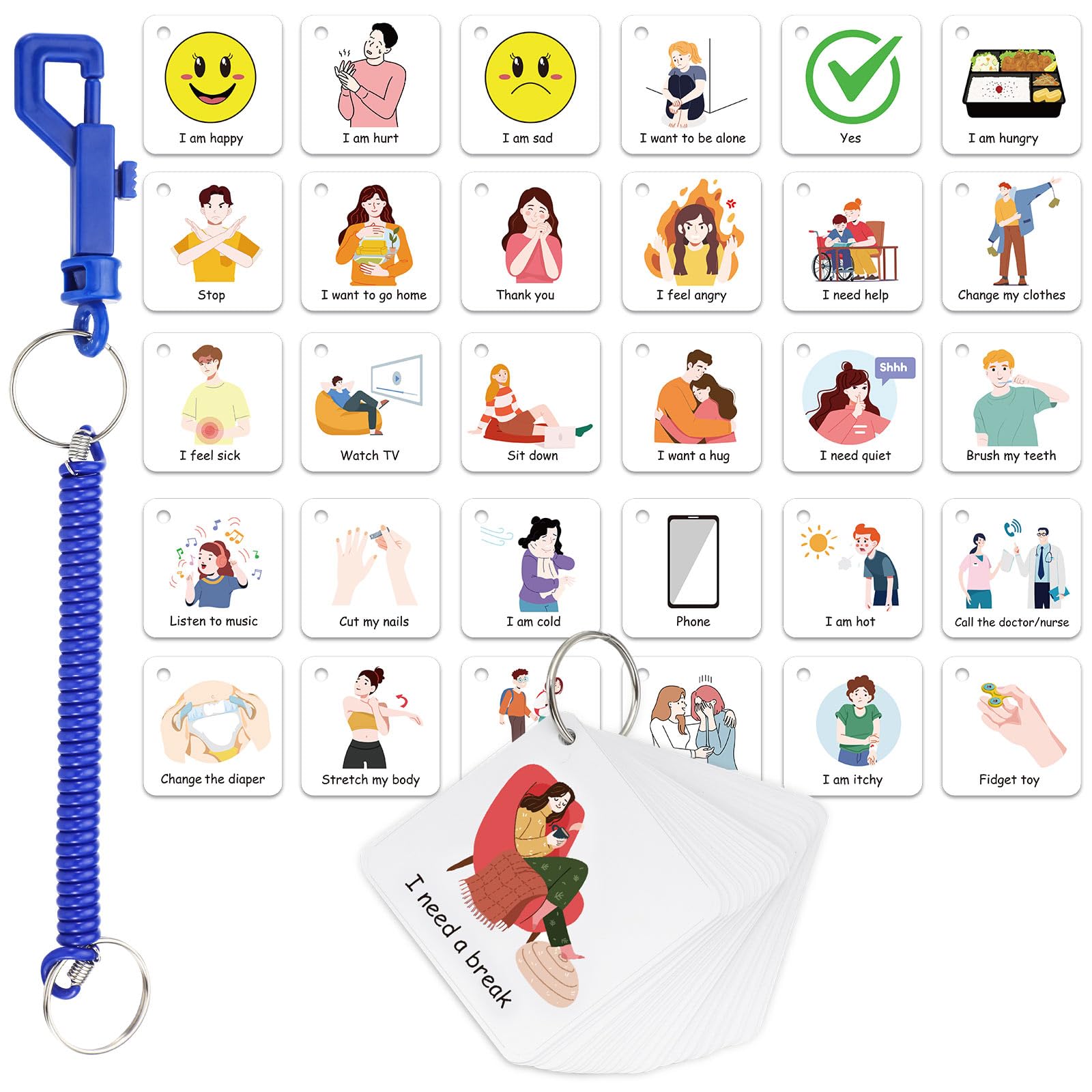 Photo 1 of Fuyoooo 30 Autism Communication Cards Special Needs Visual Aid Nonverbal Communication Board Language Learning Cue Cards with Blue Key Leash for Special Ed, Speech Delay Kids Children Adults