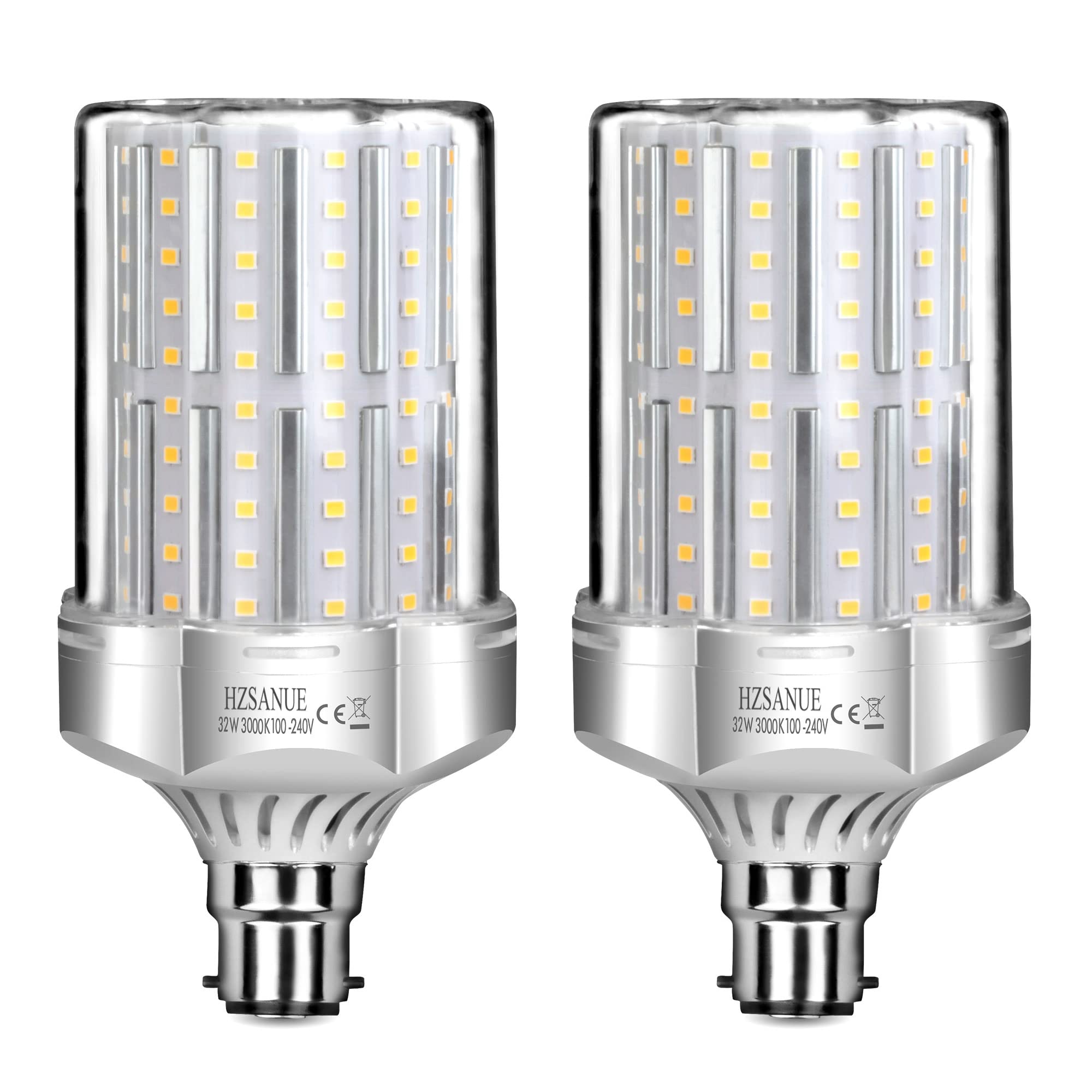 HZSANUE LED Light Bulbs 32W, 260W Incandescent Bulbs Equivalent, 3600Lm, 3000K Warm White, B22 Bayonet Cap, Pack of 2