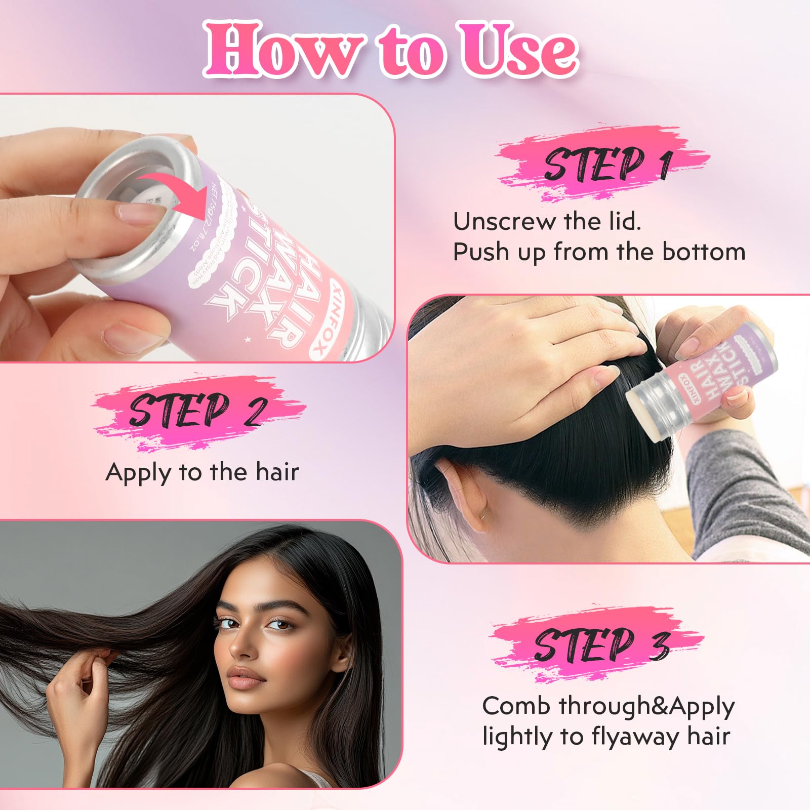 Hair Wax Stick, Slick Back Hair Brush, Wax Stick for Flyaways, Rat Tail Comb Edge Brush Styling Tool Set Accessories for Women Girls(Pink)