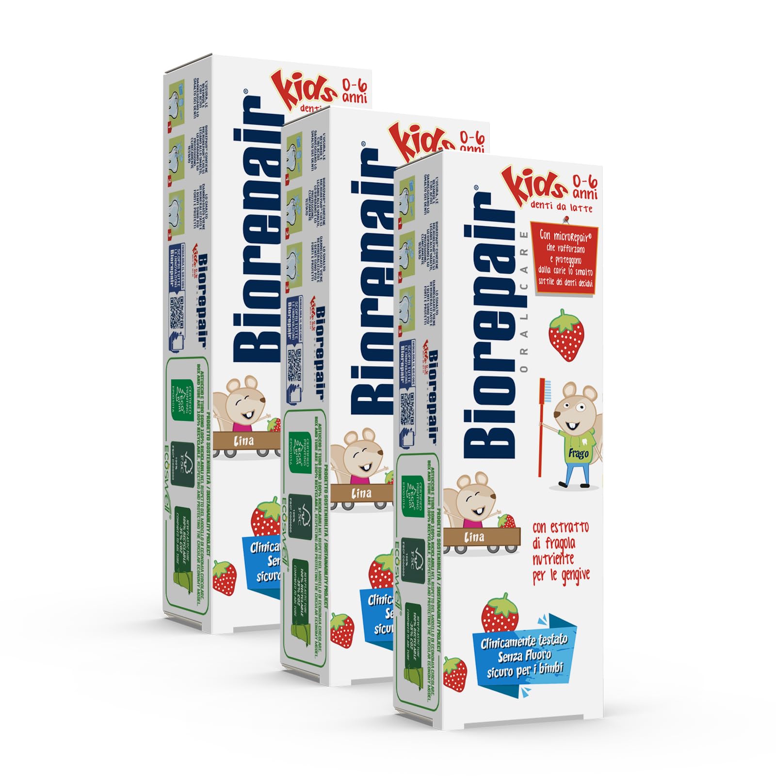 Biorepair ® - Toothpaste for children, 0-6 years old, toothpaste for children without fluoride, fruit flavor, anticaries, for healthy gums, 3 units x 50 ml