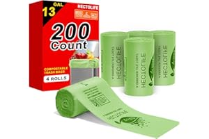 HECTOLIFE 13 Gallon Compostable Trash Bags，200 Count，Kitchen Food Scrap Waste Bag, ASTM D6400, US BPI and Europe OK Compost Home Certified