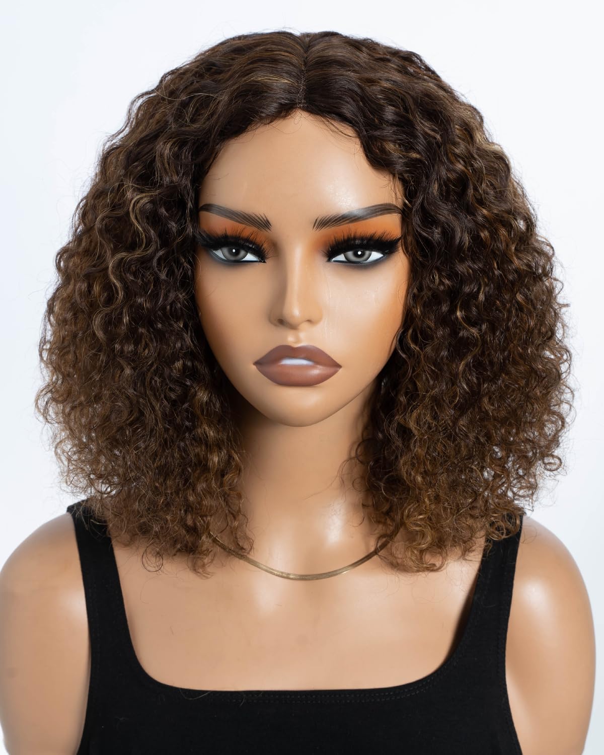 Style Icon Brown Short Curly Bob Wigs Human Hair Glueless Wig for Black Women 10 inch Middle Part Lace Deep Curly Bob Wig Non Lace Front Wig (Color: P4/30/27)