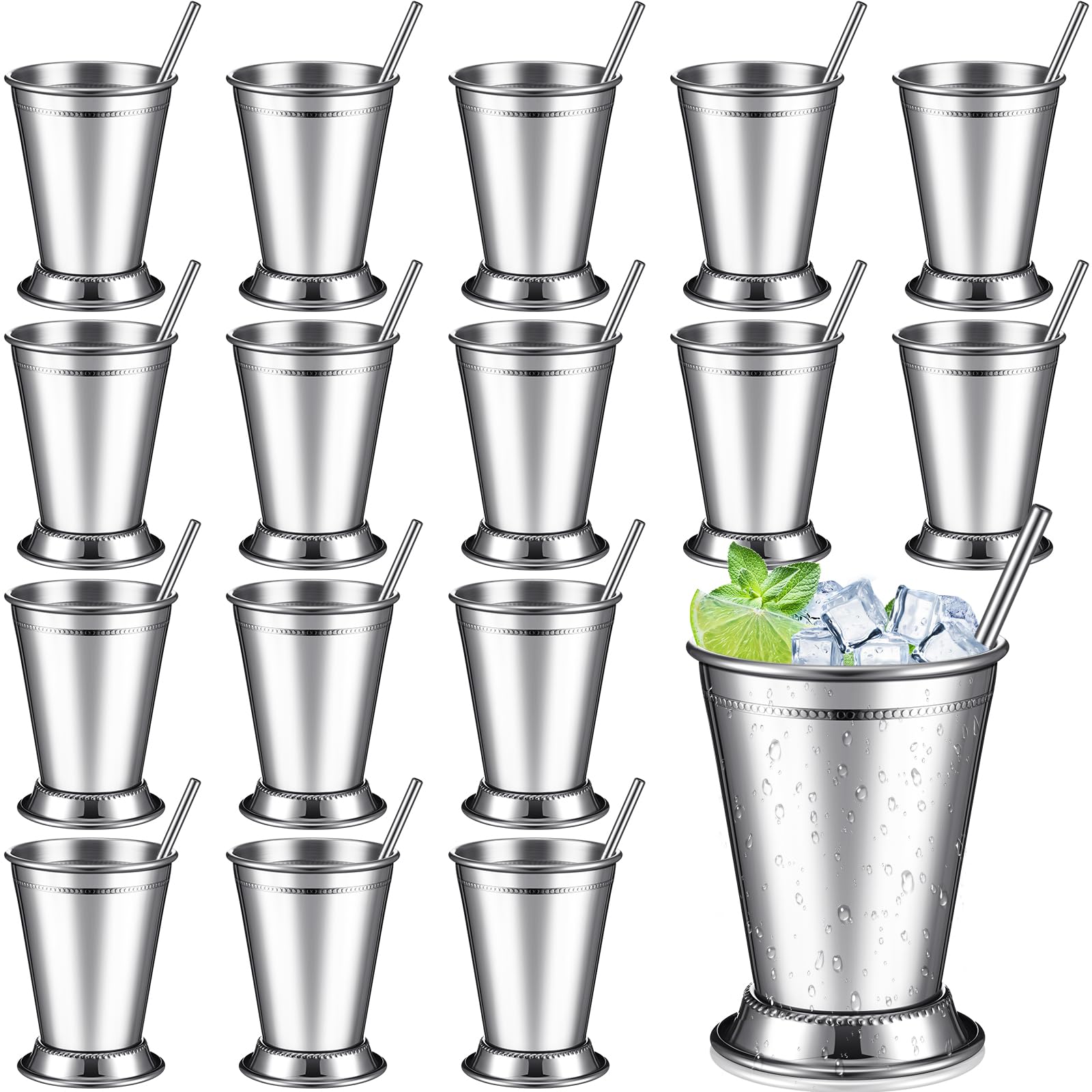 Photo 1 of Ziliny 16 Pack Mint Julep Cups with Straws 12 oz Stainless Steel Drinking Metal Cocktail Glasses Beaded Mint Julep Cup for Horse Racing Derby Party Supplies (Silver)