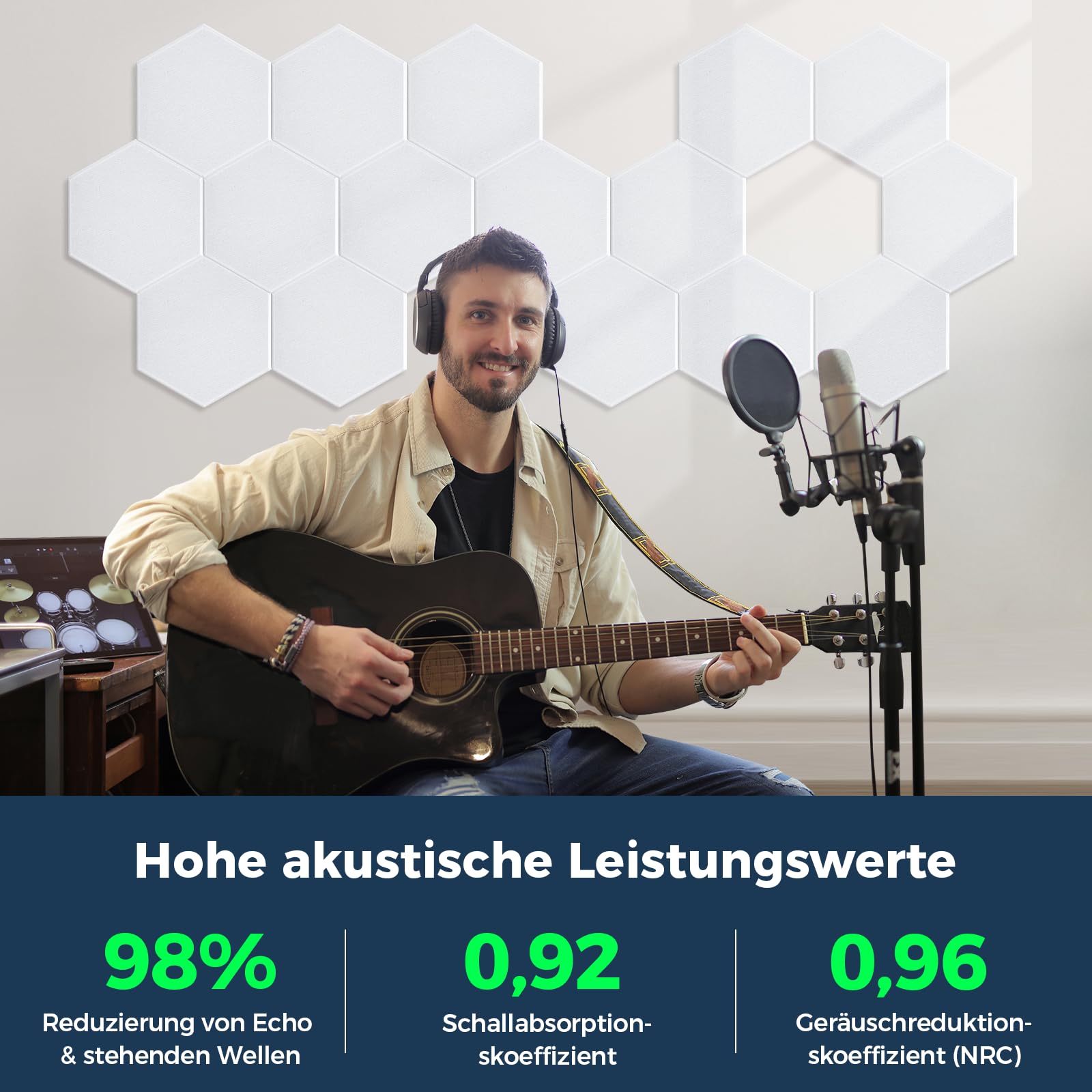 AUSLET 12 Stück Hexagon Akustikplatten Selbstklebend, 30 x 26 x 0,9 cm Hohe Dichte Akustikpaneele, Schallschutzplatten für Studio, Büro, Akustische Behandlung und Gaming deko, Weiß 2