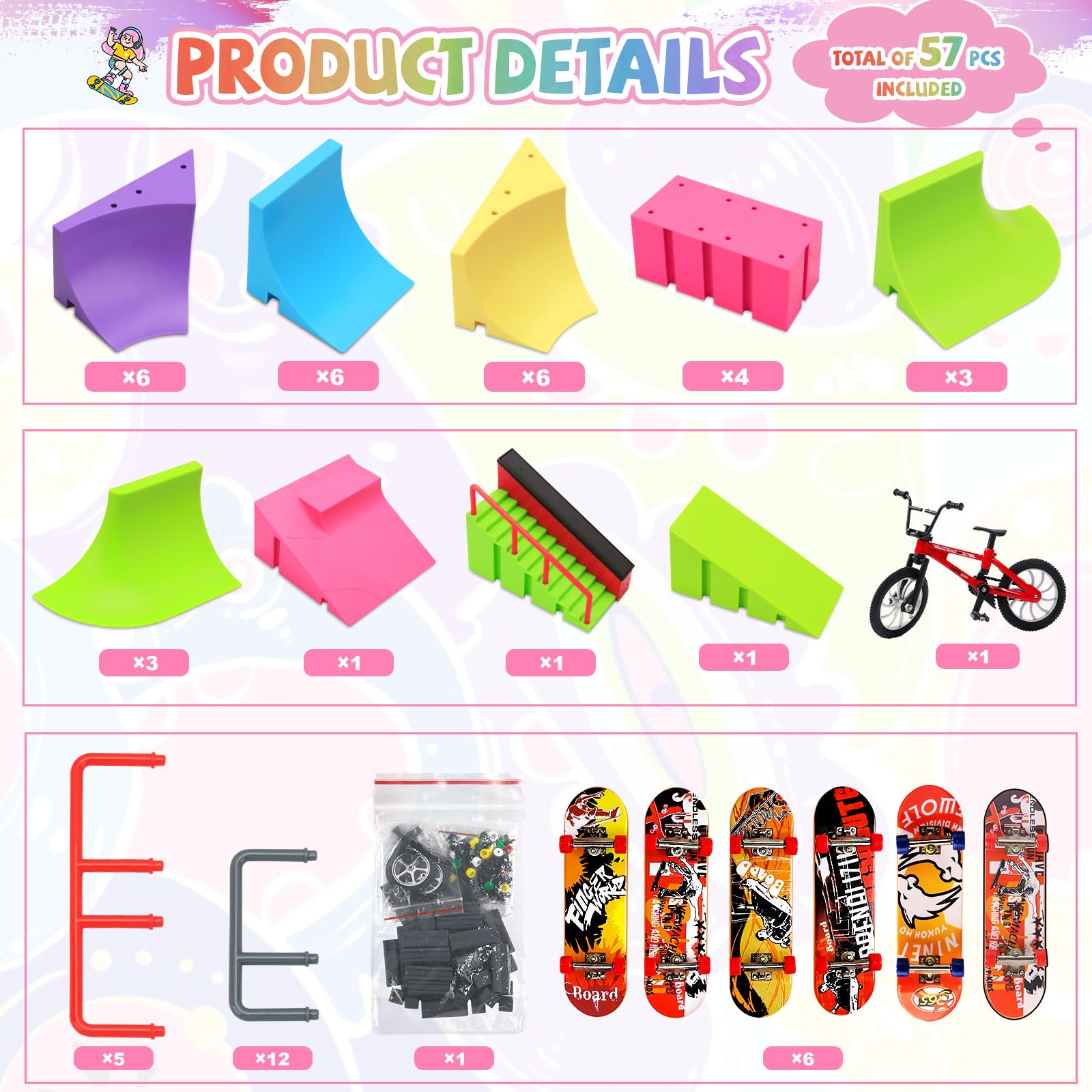 MOMSIV Finger Skateboard Park Set, 57pcs with 6 Skateboards, 31 Ramps, 1 Bicycle - Large Training Gift Toy for Ages 6+