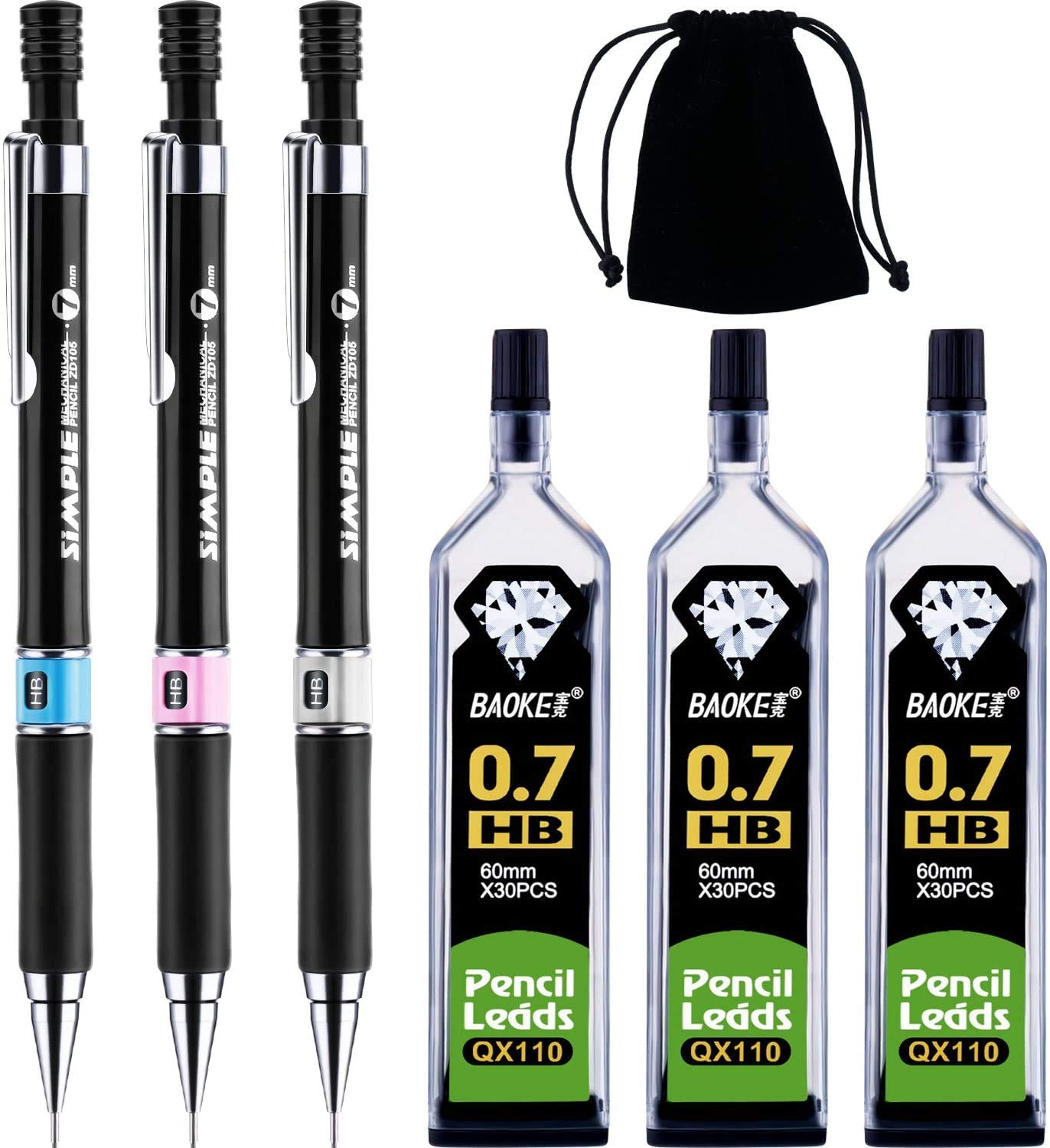 Zngou 7 PCS Mechanical Pencil Set, 3PC Clutch Fine Lead Automatic Technical With 3 Lead Refills 0.7mm HB Black Propelling