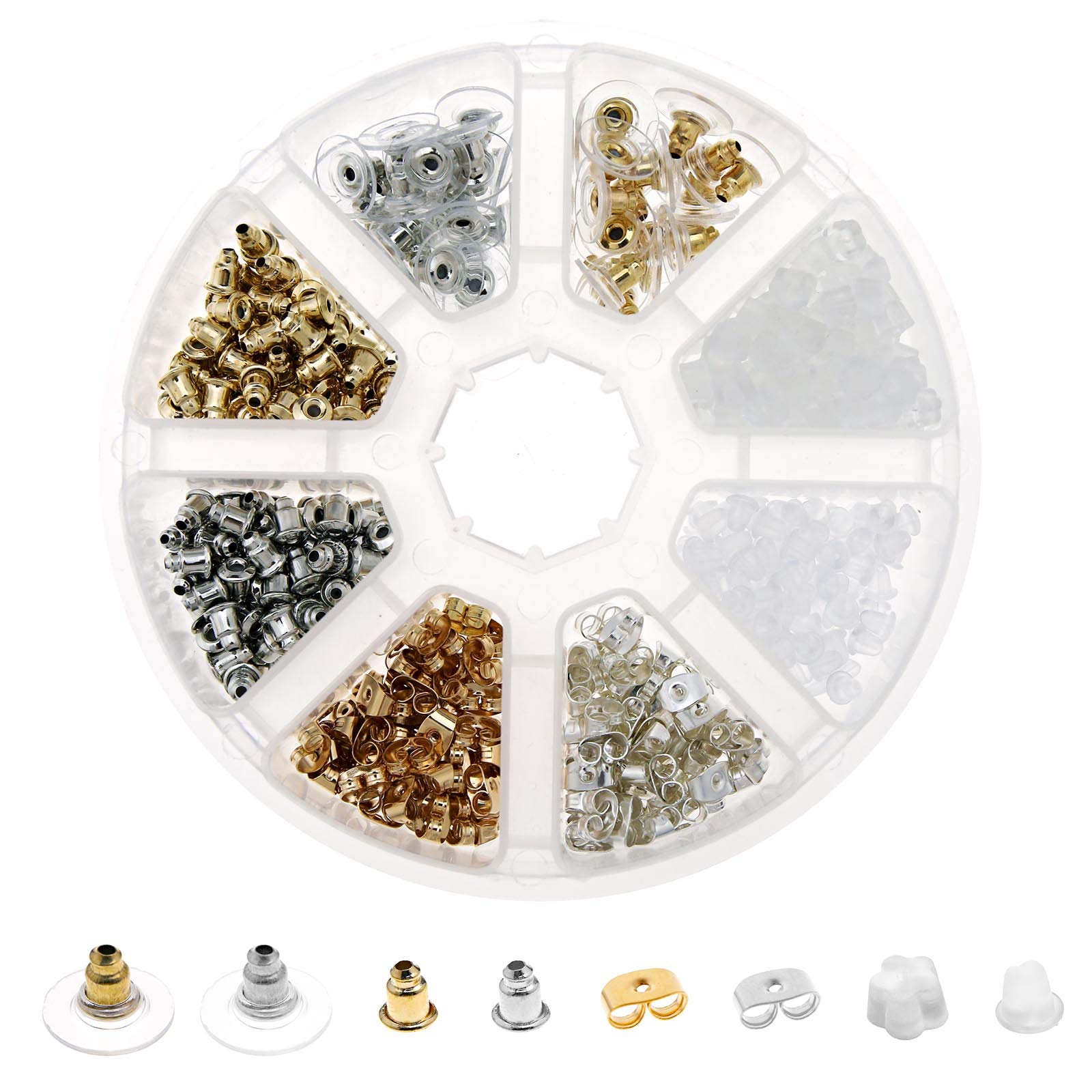 OTOTEC 480pcs Earring Stoppers - Metal Silicone Earring Backers in 8 Styles: Bullet, Butterfly, Flower - Safety Backs