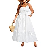 Plus Size Summer Dresses Maxi - Eyelet Sun Boho Beach Casual Long Sundress with Pockets