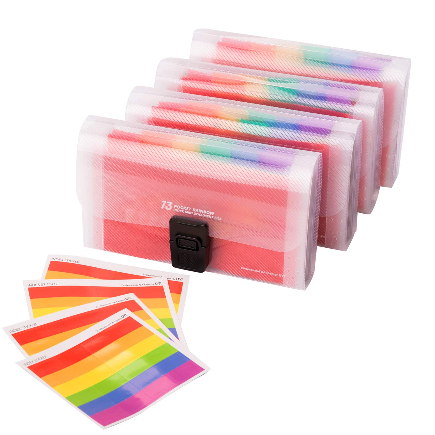 4 Pack A6 Size 13 Pockets Expanding File Folder Portable Rainbow Document Organiser Multicoloured Plastic Expandable Organizer Wallet Case with Colored Labels Index