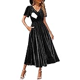 CzzzyL Women's Nursing Short Sleeve V Neck Velvet Maxi Dress Flowy Wedding Party Dresses with Pockets
