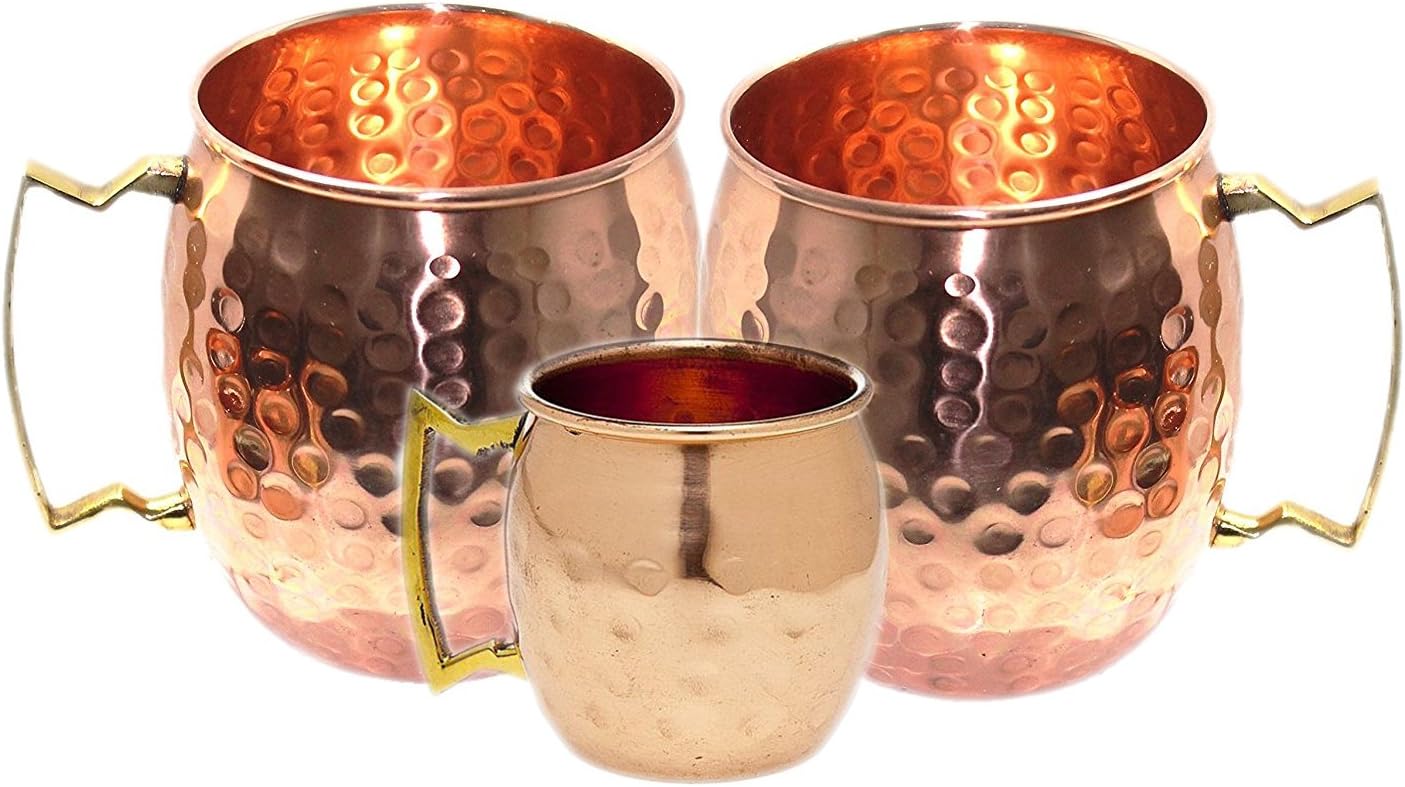 PARIJAT HANDICRAFTMoscow Mule Handcrafted Hammered Pure Copper Mugs/Cup, 100% Pure Copper with Brass Handle, Capacity-16 Ounce, Barrel Mugs (2, Pure Copper)