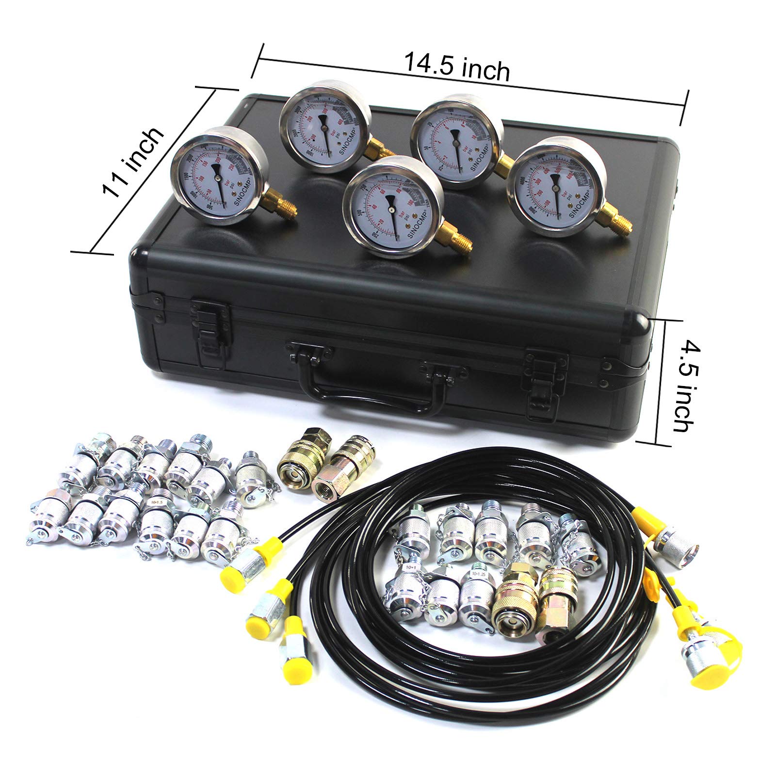SINOCMP Hydraulic Pressure Test Kit with 5 Gauges, 3 Test Hoses and 24