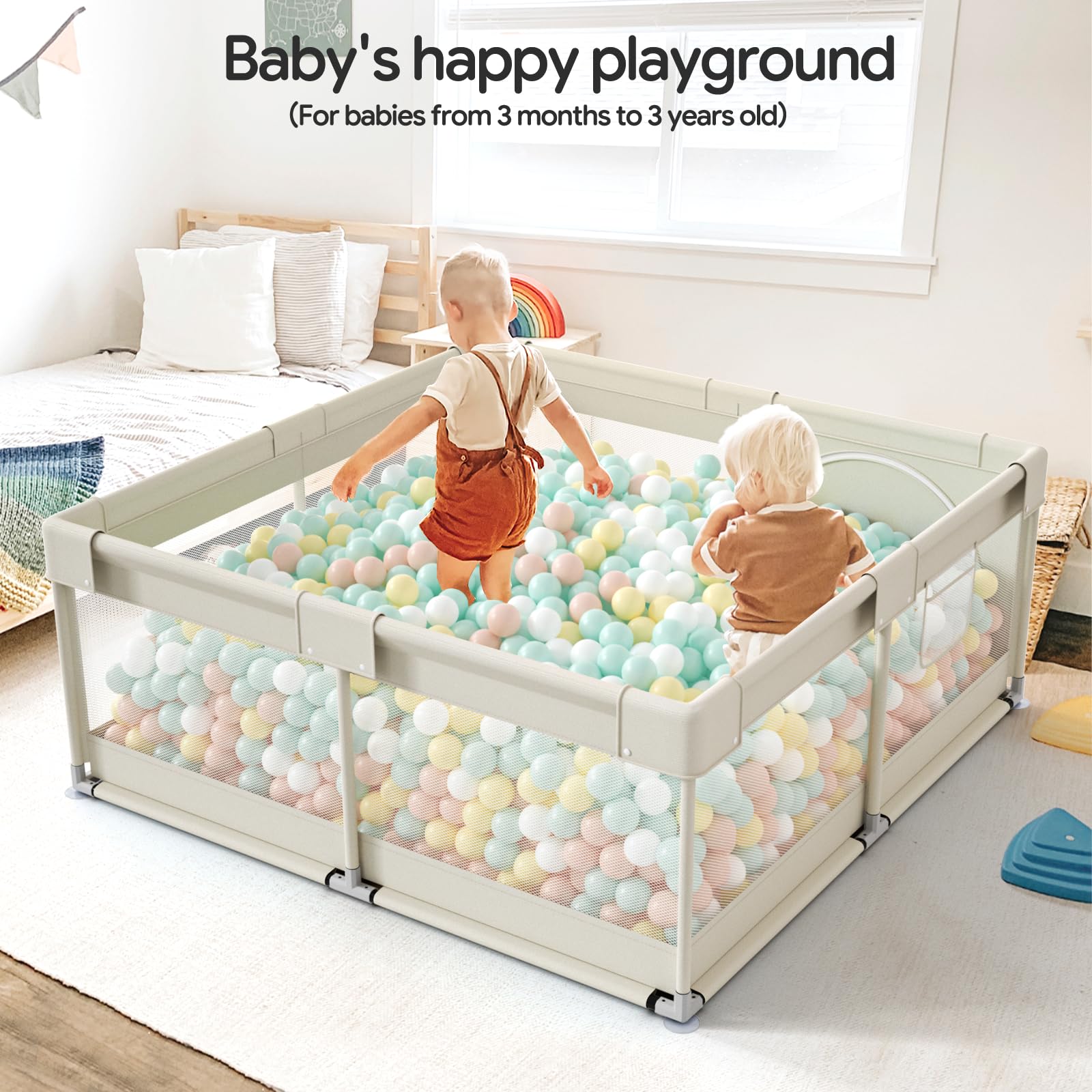 Fodoss Baby Playpen, Upgrade Playpen for Babies and Toddlers, 47x47x26inch Beige Play Pen for Babies with Hand Pulling Ring, Play Pen Center for Kids,Baby Fence,Baby Playards.
