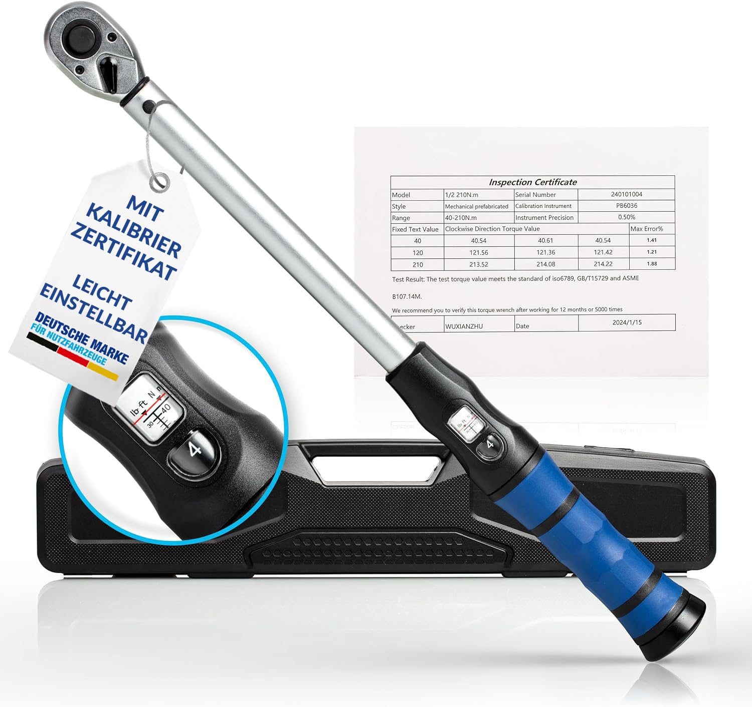 NTG Torque Wrench Car 1/2 Inch 40-210 Nm with Calibration Certificate Reversible Ratchet with Ergonomic Grip Click Mechanism and Case Precise Adjustable for Car Workshop Tyre Change