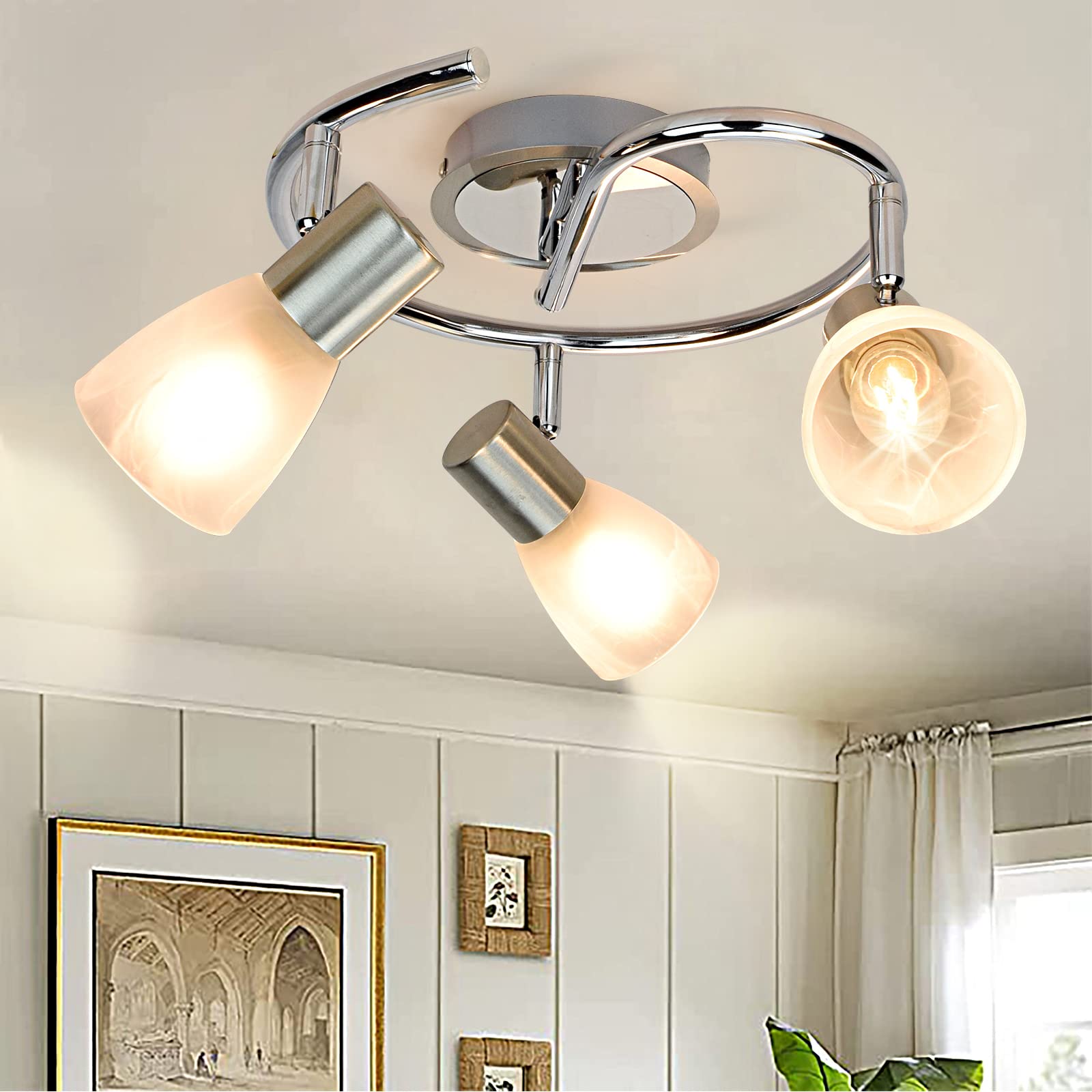 Depuley 3 Way Flush Fitting Ceiling Light with Frosted Glass Lampshades, Matt Nickel Chrome Swiveling Spots, Rotatable Kitchen Spotlights for Hallway, Kitchen, Living Room, E14 Bulb Base(No Bulbs)