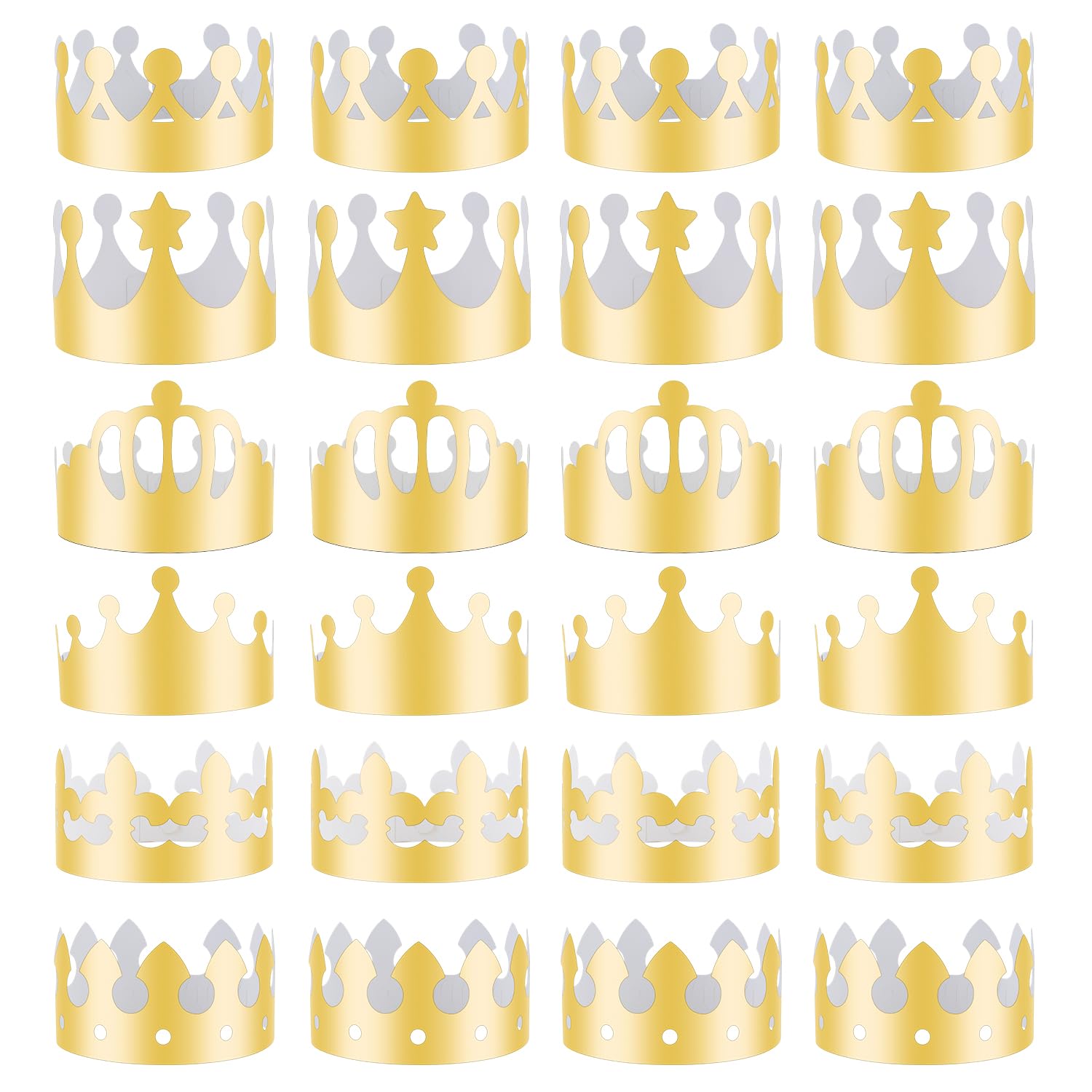 MSDADA 30 Pcs 6 Styles Paper Crowns for Kids - Coronation Decorations Hats, Gold Card Crowns To Decorate, Birthday Party Jubilee Celebration