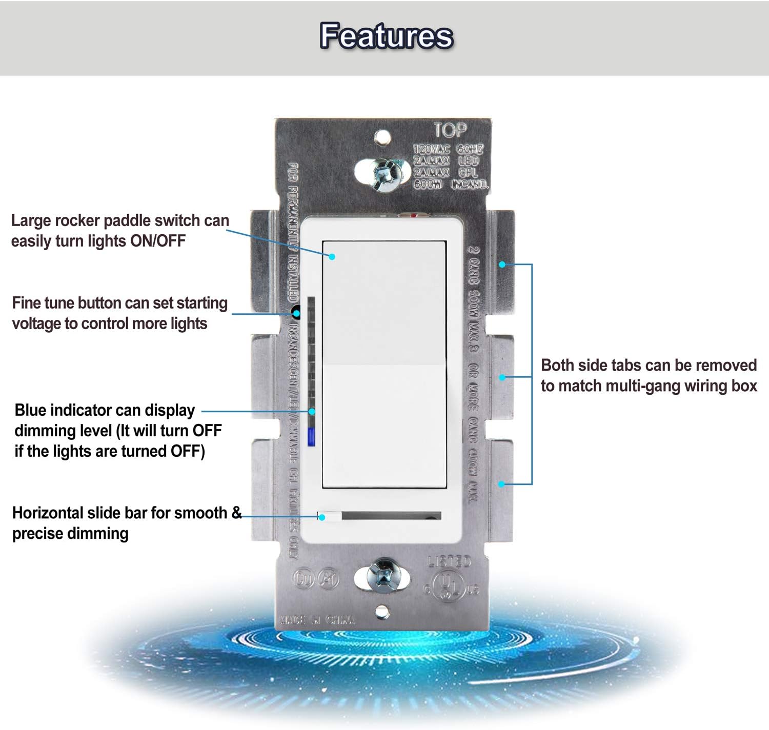 BESTTEN Digital Dimmer Switch with LED Indicator, Horizontal Dimming Slider Bar, Single Pole or 3-Way, for Dimmable LED Lights, CFL, Incandescent, Halogen Bulbs, UL Listed, White: Industrial & Scientific