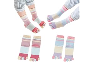 PURSUESTAR 2 Pairs Cotton Five Finger Toe Socks Athletic Running Color Block Rainbow Stripe Dress Socks for Girls Kids Boys 2-10 Years