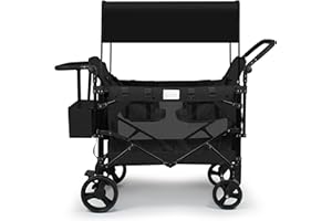 VOOI Stroller Wagon 4 Seater, Wagon for Kids, Collapsible W4 Stroller with Seats with 5-Point Harnesses, Easy Access Zipper Door, and Removable Sun Canopy (Black, W4-Large)