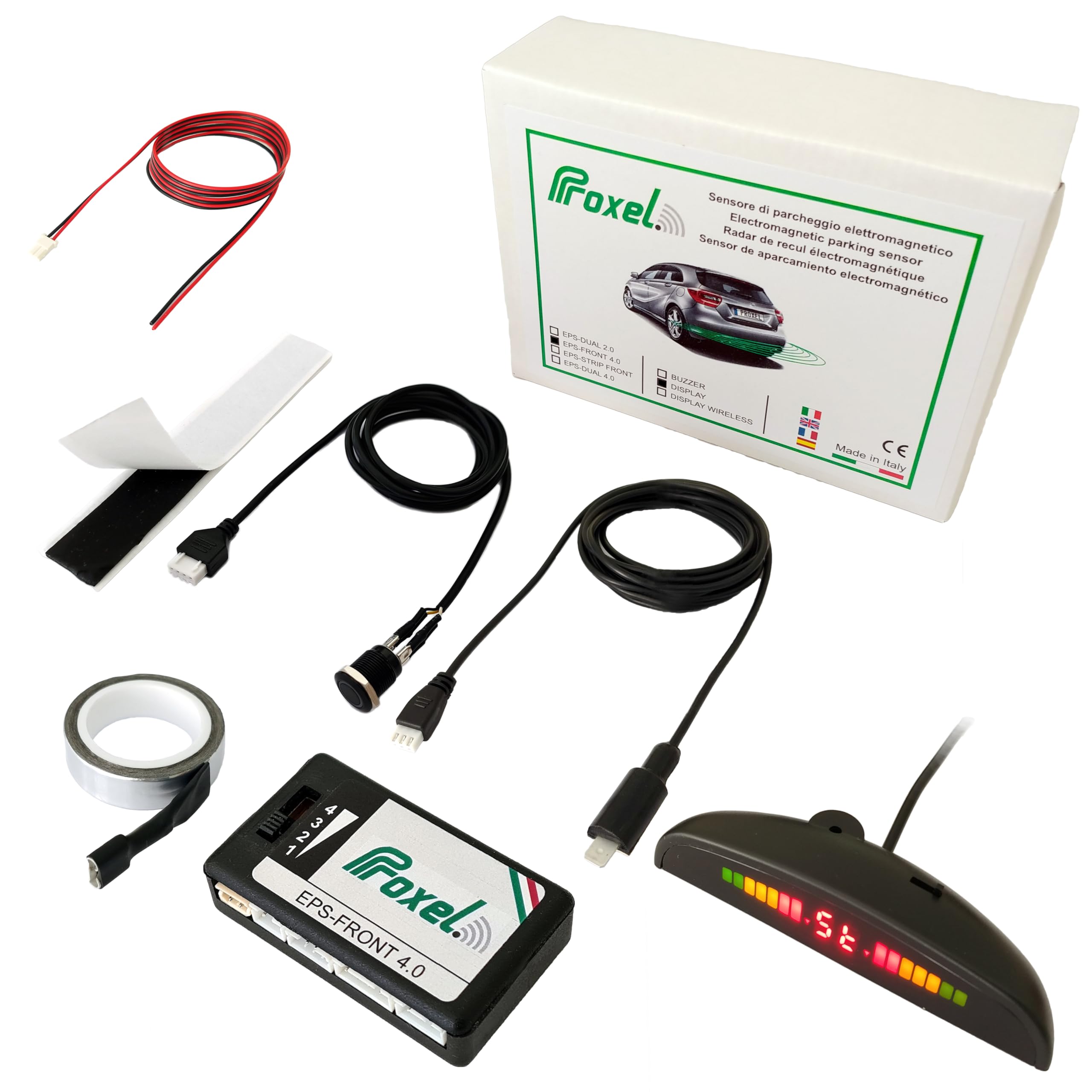 Proxel - Electromagnetic Parking Sensors Invisible, Front, EPS-FRONT 4.0 with Display, Without Drilling the Bumper, Universal and Original Kit