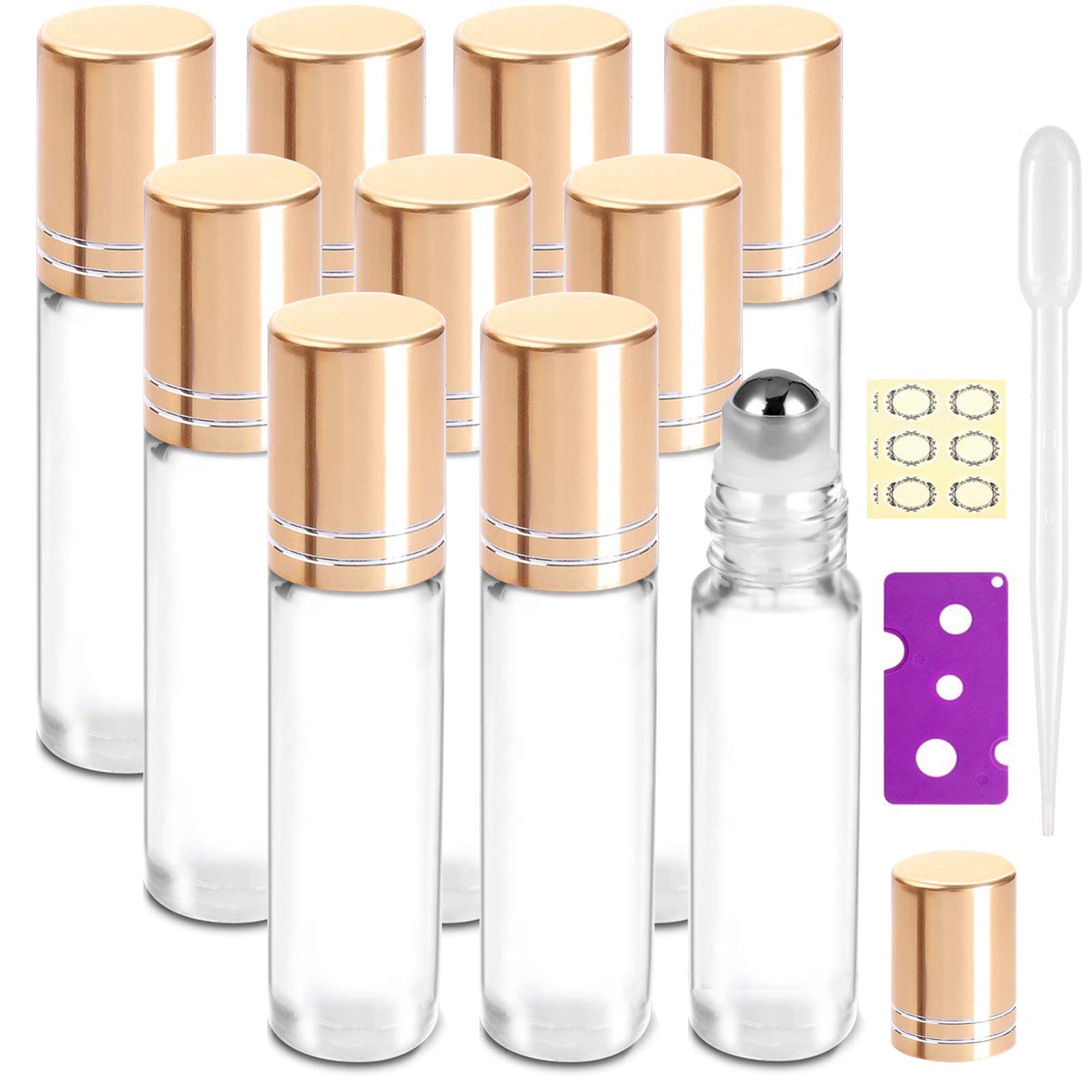 Yalbdopo 10Pcs, 10ml Essential Oil Roller Bottles Refillable Transparent Glass Roll on Bottle Clear Roll Bottles with Stainless Steel Roller Balls & Gold Cap, Include 12 Label, Dropper & Opene