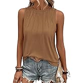 Spriolim Summer Tank Top for Women Casual Pleated Crewneck Sleeveless Loose Shirts