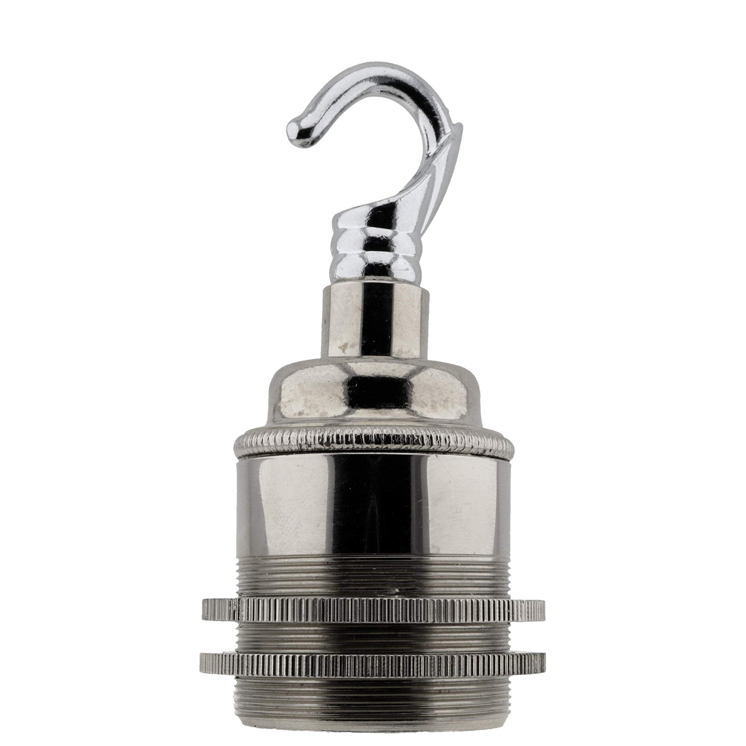 Edison Screw (E27) Solid Metal Earthed Lampholder in Nickel Finish with 2 Shade Rings and Metal Hook