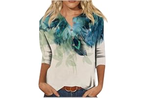 KENVINA Summer Shirts for Women 2023 Trendy Comfy Blouses Button Loose T Shirt Casual Work 3/4 Sleeve Tops Printed Tees Shirts