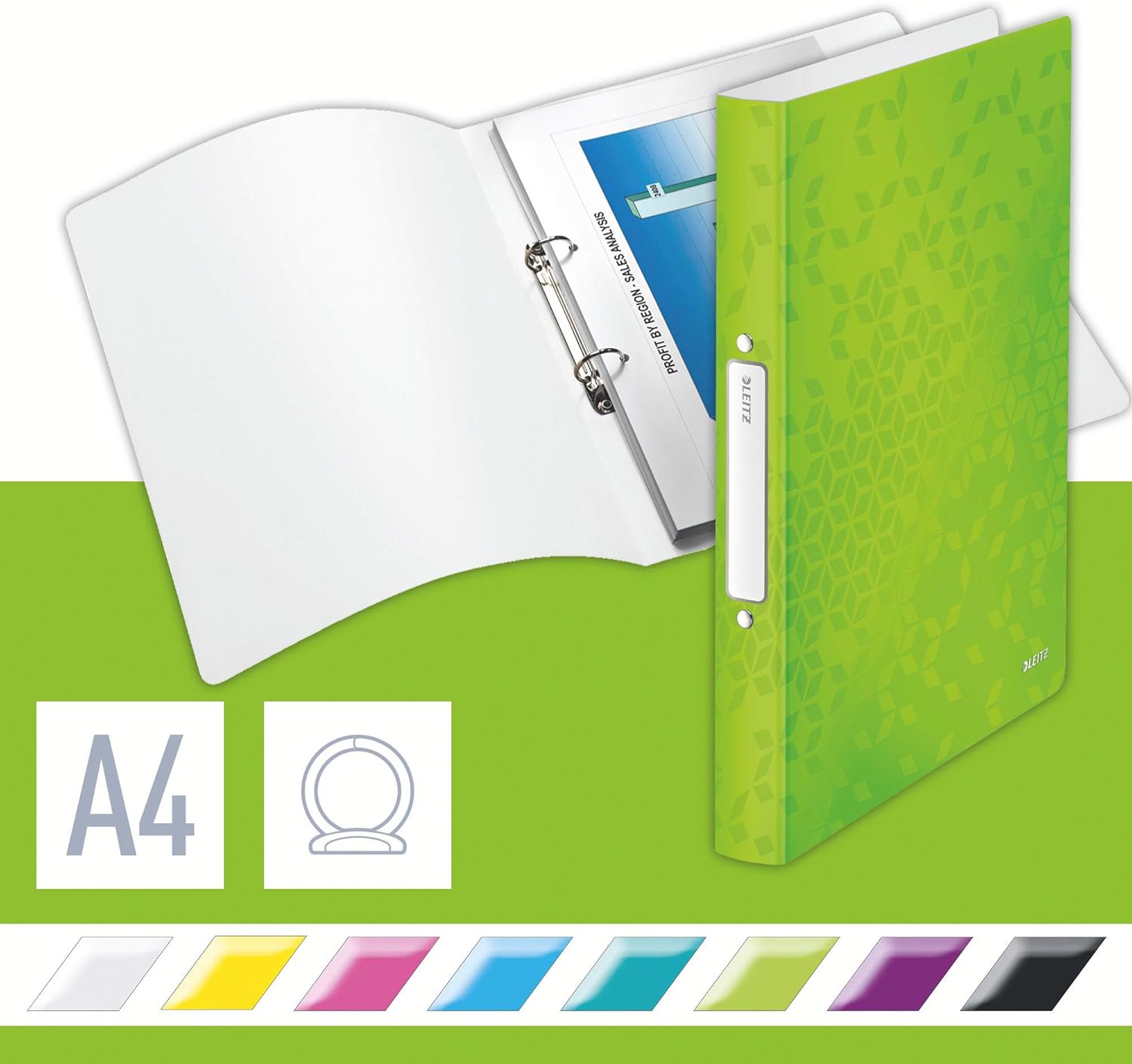Leitz 42570054 A4 2 Ring Binder, Holds Up to 190 Sheets, WOW Range, 25 mm Spine, Green, 190 Feuilles