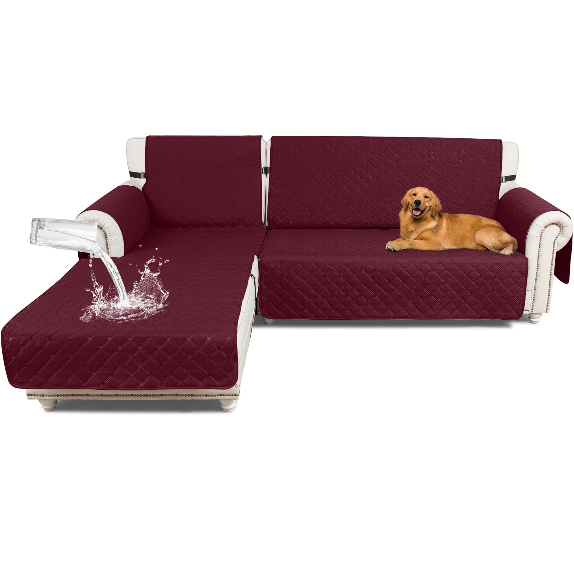 Photo 1 of Taque Sectional Couch Covers 100% Waterproof L Shaped Sofa Slipcover Reversible Chaise Lounge Cover for Sectional Sofa Cover for Pets Cat Dog Kids Family (Large, Wine Red)