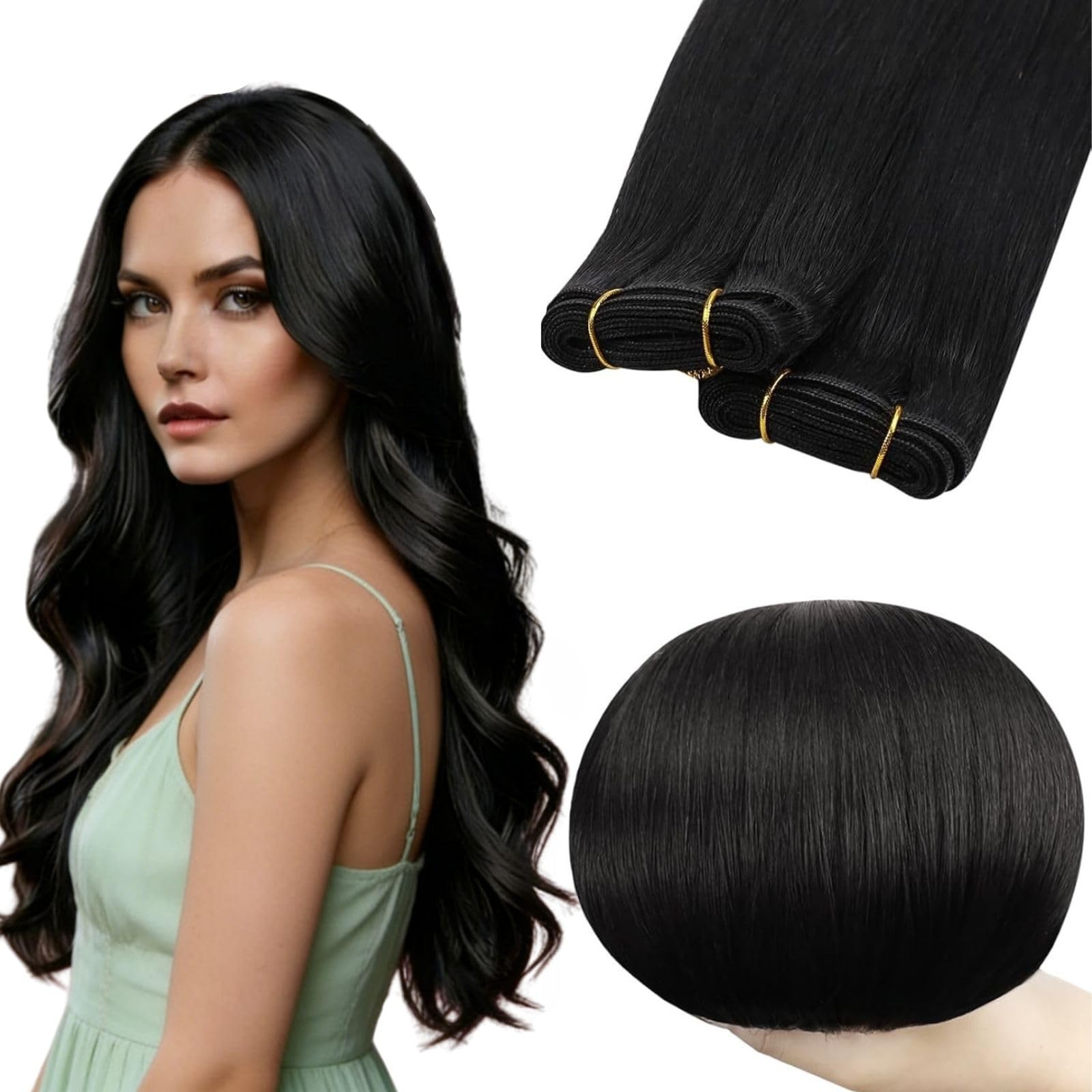 RUNATURE 20 Inch Weft Hair Extensions Real Human Hair Jet Black for Women Full Head Invisible Double Weft Real Remy Sew in Hair Extensions Black 100g/Pack #1