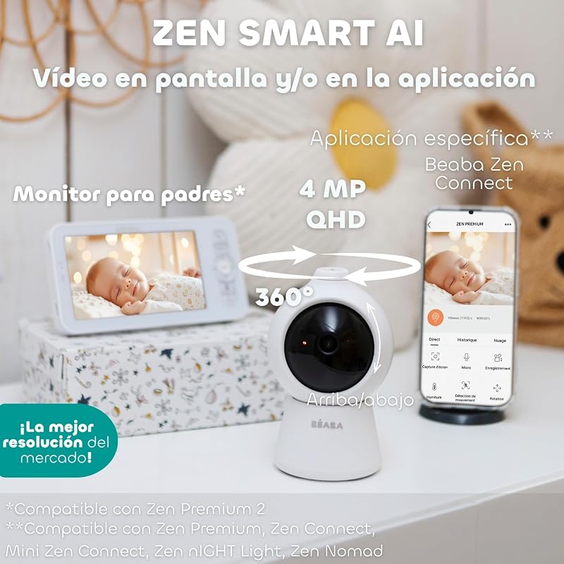 Zen Smart AI – Cámara Adicional Para Vigilabebés Con Video 360° Full QHD 4MP, Inteligencia Artificial, Detección De Giro, Visión Nocturna, App Móvil, Walkie Talkie, VOX, Luz Nocturna
