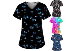 OIOLOYJM Scrubs for Women Animal Print Tops for Women V Neck Cartoon Pattern Short Sleeve Nursing Tops with Pockets