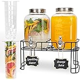 Glass Drink Dispensers For Parties, 2 PACK 1 Gallon Beverage Dispenser With Stand And Spigot Leak proof. Lemonade Dispenser With Ice Cylinder and Chalk board