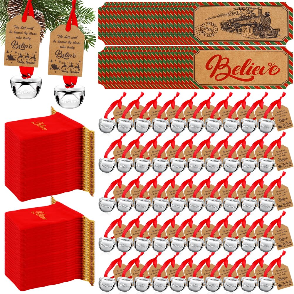 50Sets Christmas Bells Decor Christmas Believe Bell Ornaments Bulk for Express Bell Decorations with Tags Train Ticket Red Velvet Bag for Xmas Party Favors Santa Silver Sleigh Jingle Bells