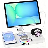 30W Tablet Wireless Charger for Samsung, Foldable Android Charging Station with Clock Display with 7-Color Light, Wireless Watch Charger for S25, Only Compatible Samsung Watch, Galaxy Buds3 Pro(White
