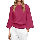 Saodimallsu Womens Crew Neck Batwing Sweaters 3/4 Sleeve Soft Knit Dressy Casual Loose Fit Fall Sweater Tops