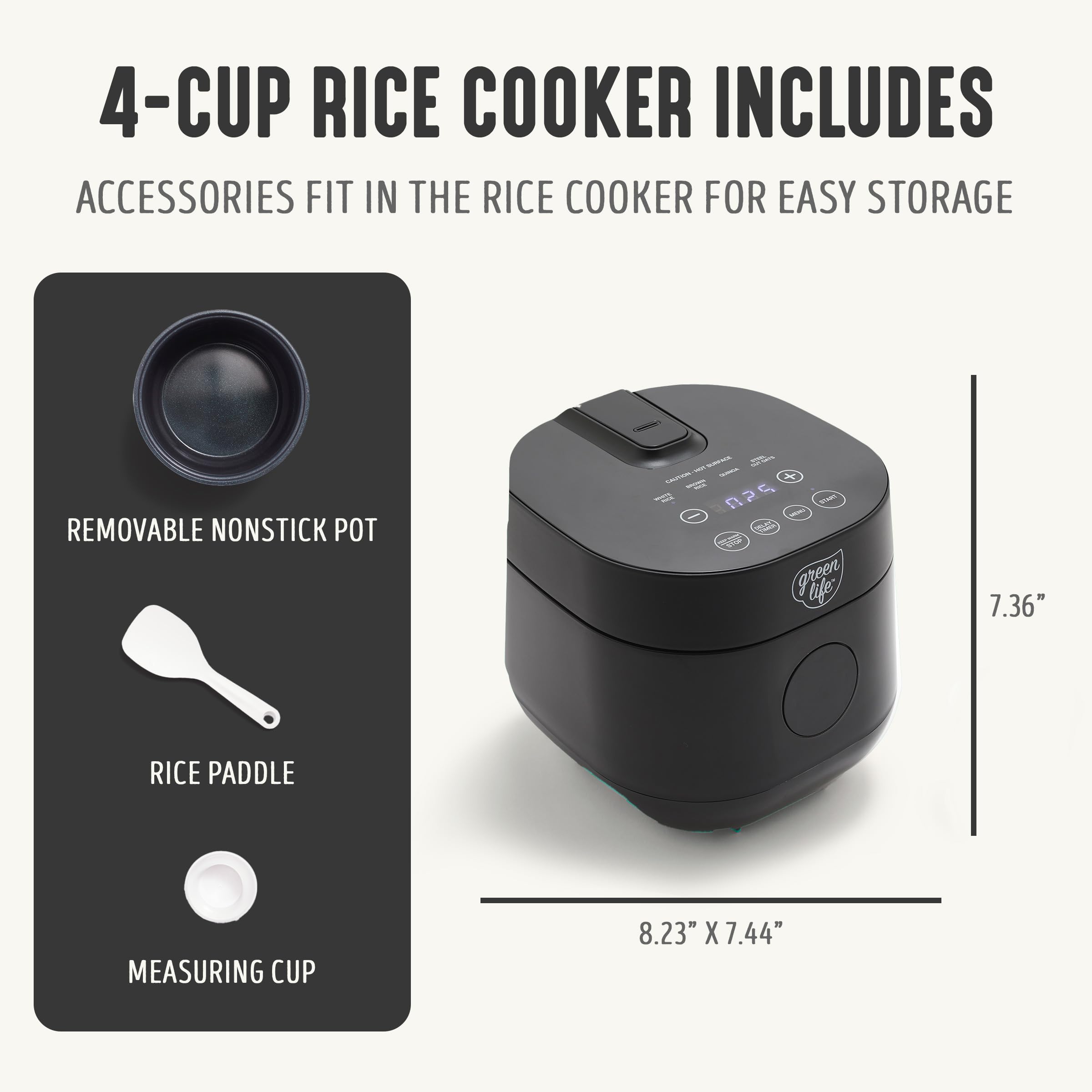GreenLife Digital Rice Cooker, 2-Cups Uncooked/4-Cups Cooked, Removable Nonstick Ceramic PFAS-Free Pot, One-Touch Presets, Oats, Quinoa, Brown Rice, Auto Keep Warm, Fuzzy Logic Tech, 1.5QT, Black