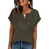 ANRABESS Womens Short Sleeve Tops Boho V Neck Lace Shirts Dressy Casual Blouses Summer Cute Tunic 2026 Trendy Fashion Clothes