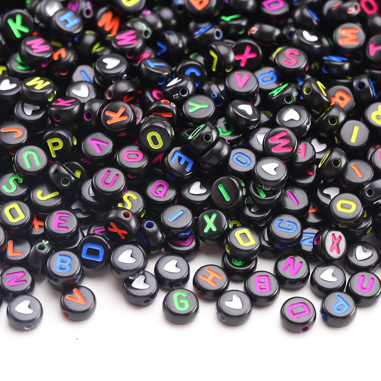 HERZWILD 1200pcs Letter Beads and Heart Beads Acrylic Alphabet Letter Round Loose A-Z Bead for Beading Making Art Craft Weaving DIY Bracelets (Color-Black(4x7mm))