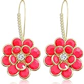 JIMARIN 14K Gold Bohemian Sparkly Crystal Flower Dangle Drop Earrings Lightweight Rhinestone Camellia Flower Floral Hoop Earring for Women