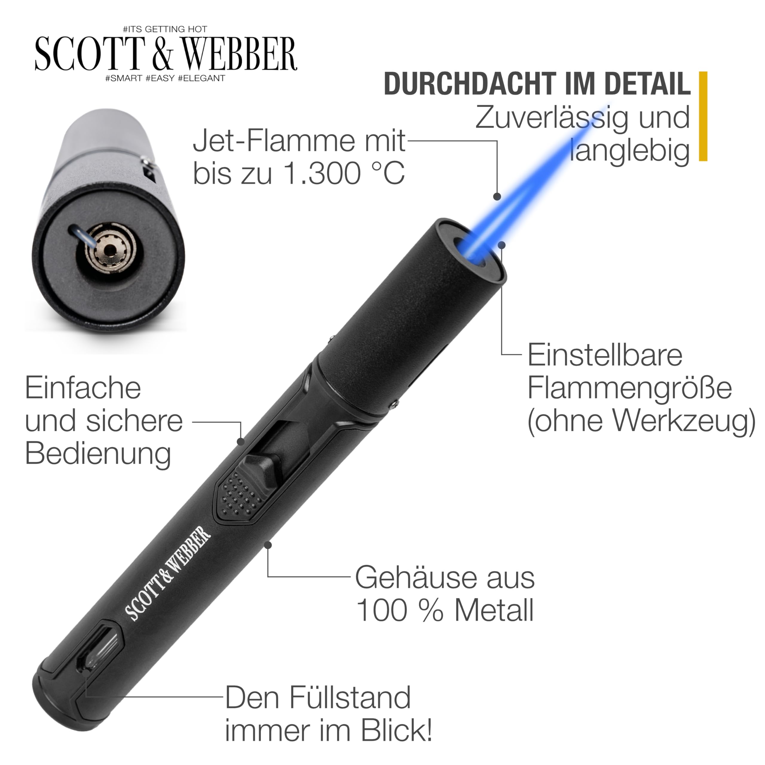 Scott & Webber® - Sturmfeuerzeug mit Jetflamme - 2 Stück Stabfeuerzeug Nachfüllbar Gas Feuerzeug aus Metall - Inkl. edler Metall Geschenkverpackung (Ohne Gasinhalt) 3