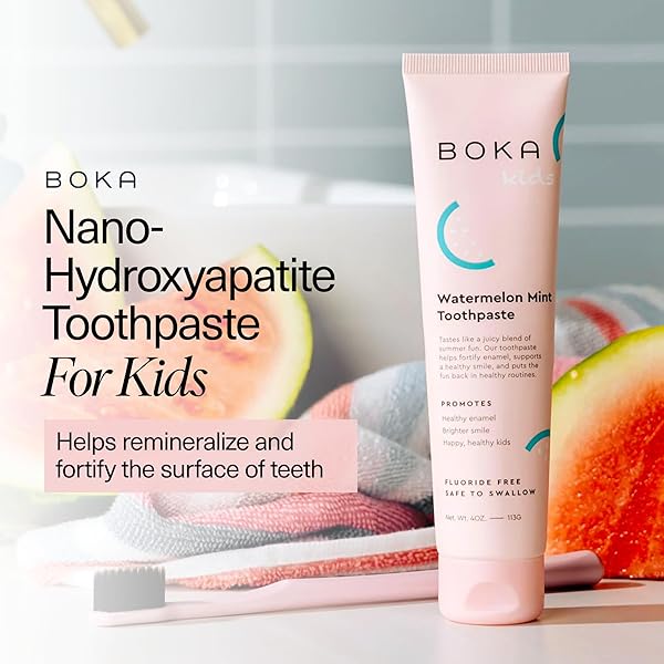 BOKA FLUORIDE FREE TOOTHPASTE NANO HYDROXYAPATITE, HELPS REMINERALIZE, APPROPRIATE FOR SENSITIVE TEETH, WHITENING – FOR ADULT, KIDS ORAL CARE – WATERMELON MINT FLAVOR, 4OZ 1PK – US MANUFACTURED